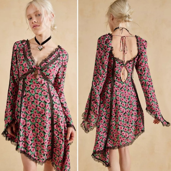 For Love and Lemons Brunello Asymmetrical Floral Black and Pink Dress - XS - Picture 2 of 6